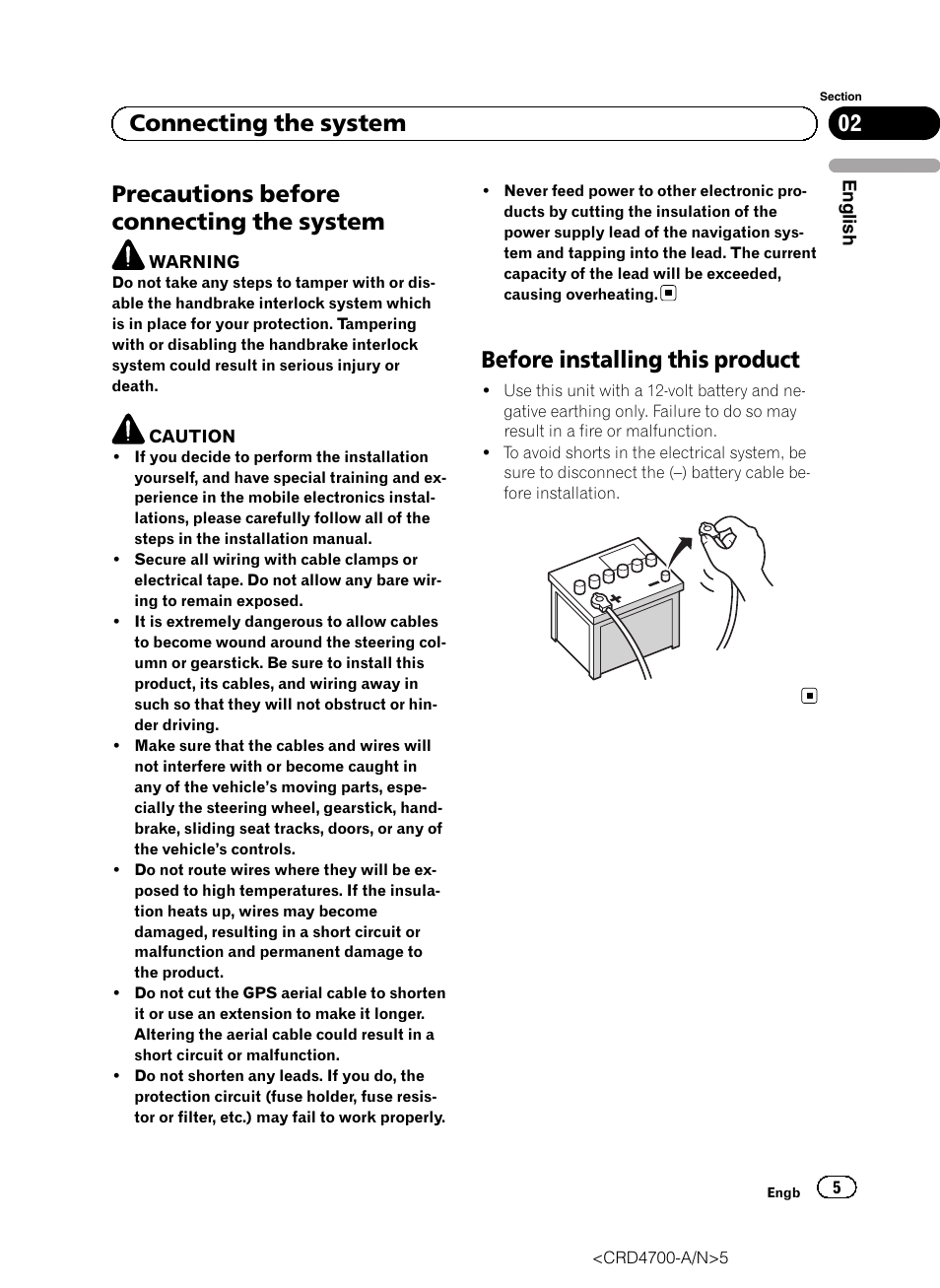 System, Before installing this product, Precautions before connecting the system | 02 connecting the system | Pioneer AVIC-F850BT User Manual | Page 5 / 148