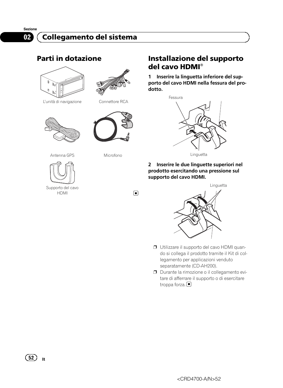 Parti in dotazione, Installazione del supporto del cavo, Hdmi | Installazione del supporto del cavo hdmi, 02 collegamento del sistema | Pioneer AVIC-F850BT User Manual | Page 52 / 148