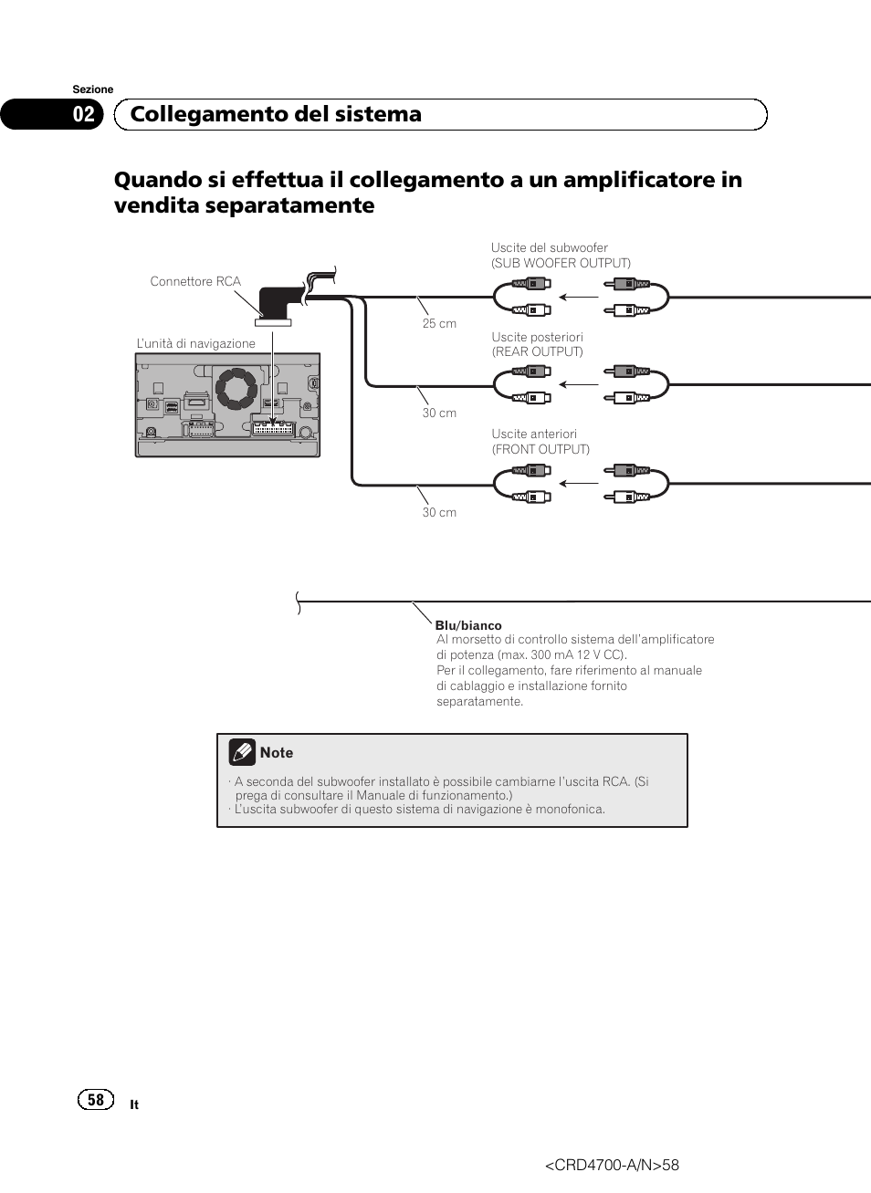 Quando si effettua il collegamento a un, Amplificatore in vendita separatamente, 02 collegamento del sistema | Pioneer AVIC-F850BT User Manual | Page 58 / 148