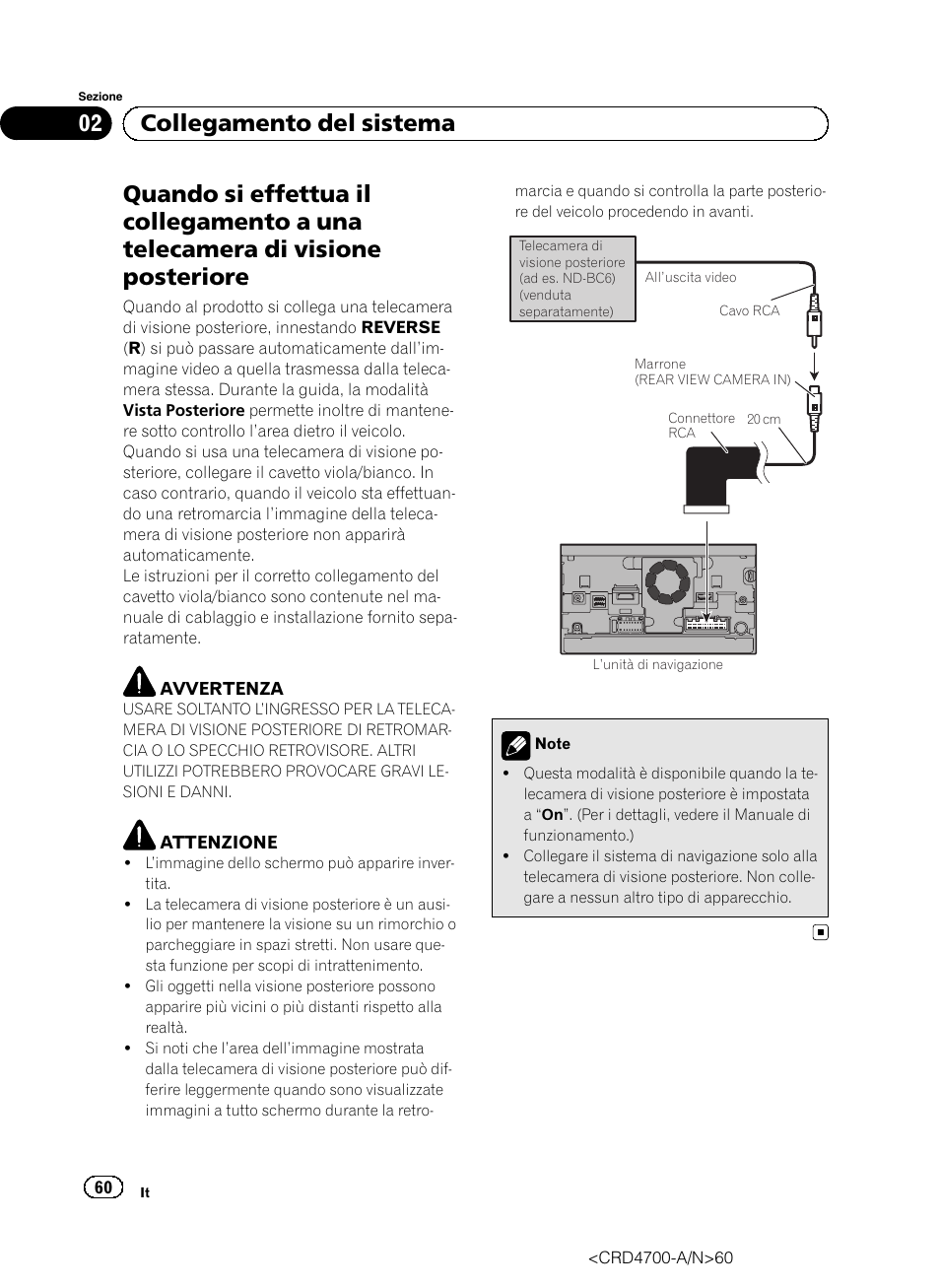 Quando si effettua il collegamento a una, Telecamera di visione posteriore, 02 collegamento del sistema | Pioneer AVIC-F850BT User Manual | Page 60 / 148