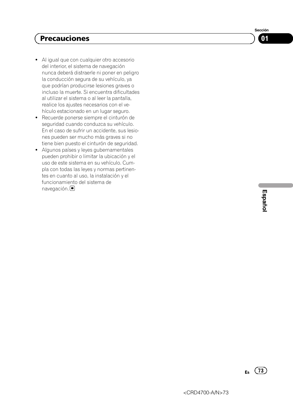 01 precauciones | Pioneer AVIC-F850BT User Manual | Page 73 / 148