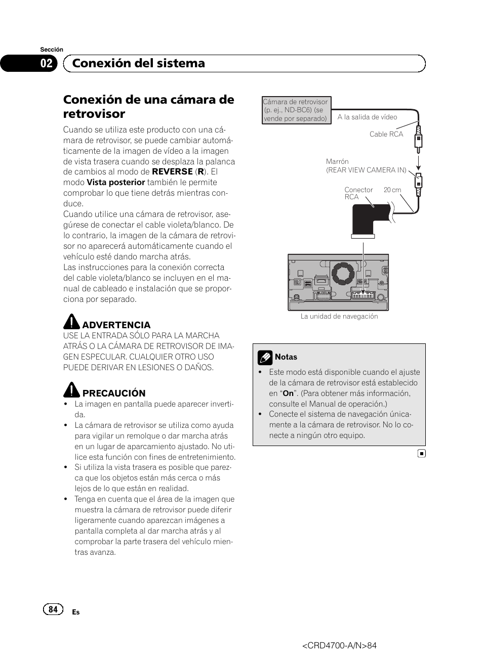 Conexión de una cámara de retrovisor, 02 conexión del sistema | Pioneer AVIC-F850BT User Manual | Page 84 / 148