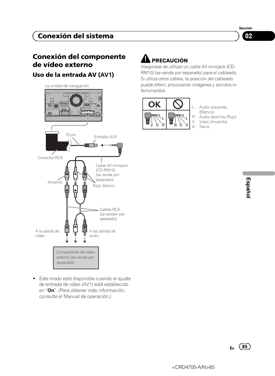 Conexión del componente de vídeo, Externo, Uso de la entrada av (av1) 85 | Conexión del componente de vídeo externo, 02 conexión del sistema, Uso de la entrada av (av1) | Pioneer AVIC-F850BT User Manual | Page 85 / 148