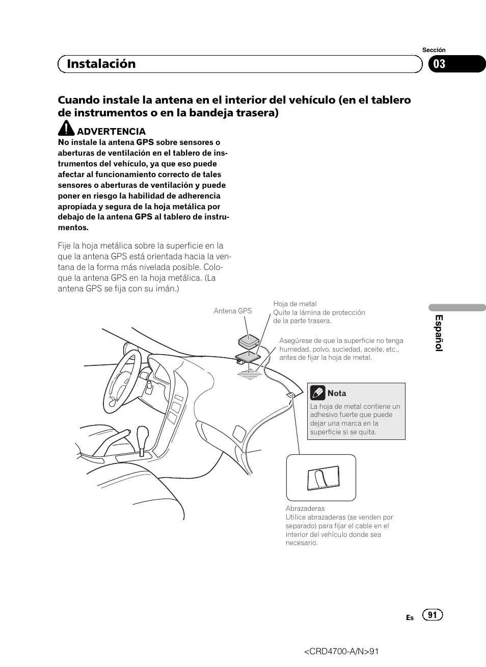 Cuando instale la antena en el interior, 03 instalación | Pioneer AVIC-F850BT User Manual | Page 91 / 148