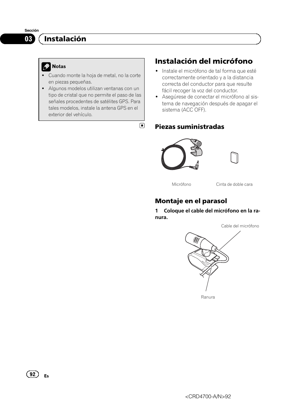 Instalación del micrófono, Piezas suministradas 92, Montaje en el parasol 92 | 03 instalación, Piezas suministradas, Montaje en el parasol | Pioneer AVIC-F850BT User Manual | Page 92 / 148