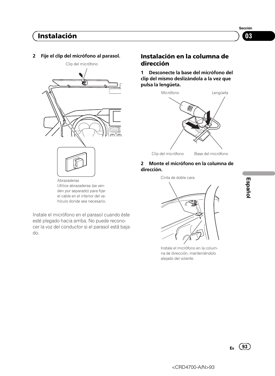 Instalación en la columna de, Dirección, 03 instalación | Instalación en la columna de dirección | Pioneer AVIC-F850BT User Manual | Page 93 / 148