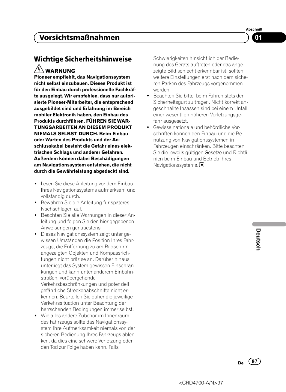 Wichtige sicherheitshinweise, 01 vorsichtsmaßnahmen | Pioneer AVIC-F850BT User Manual | Page 97 / 148