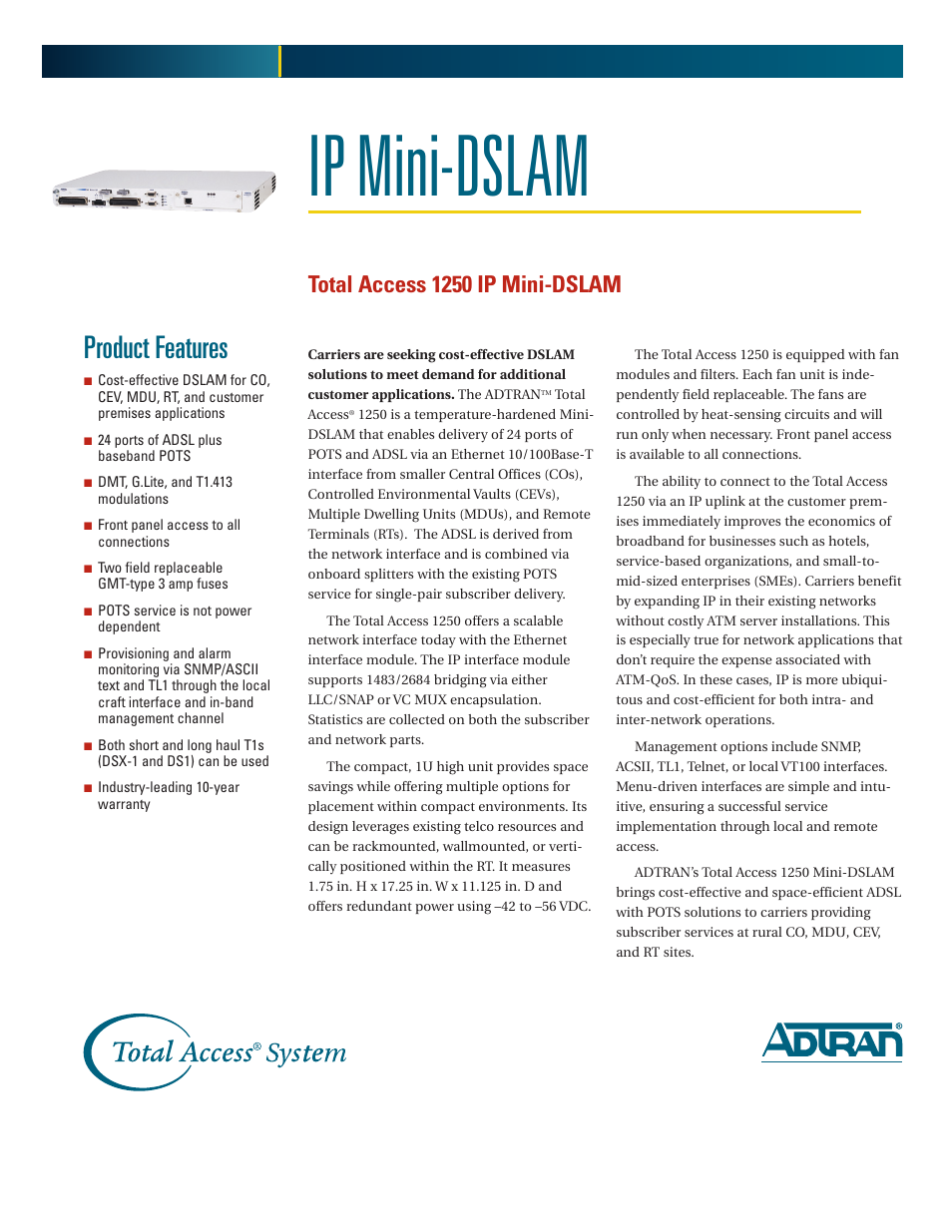 ADTRAN 1250 User Manual | 2 pages