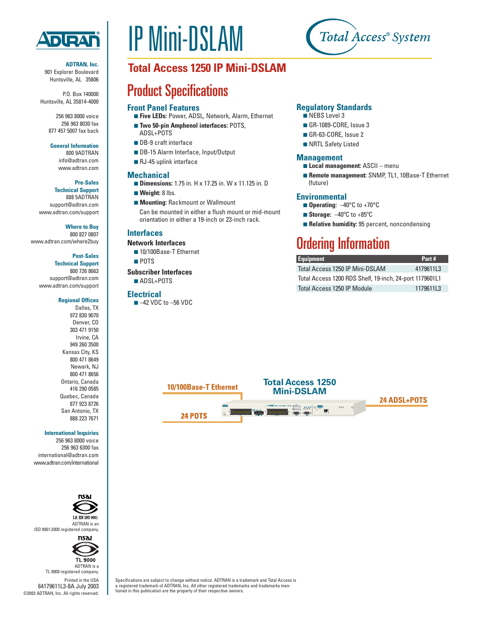 Ip mini-dslam, Product specifications, Ordering information | Total access 1250 ip mini-dslam, Front panel features, Mechanical, Interfaces, Electrical, Regulatory standards, Management | ADTRAN 1250 User Manual | Page 2 / 2