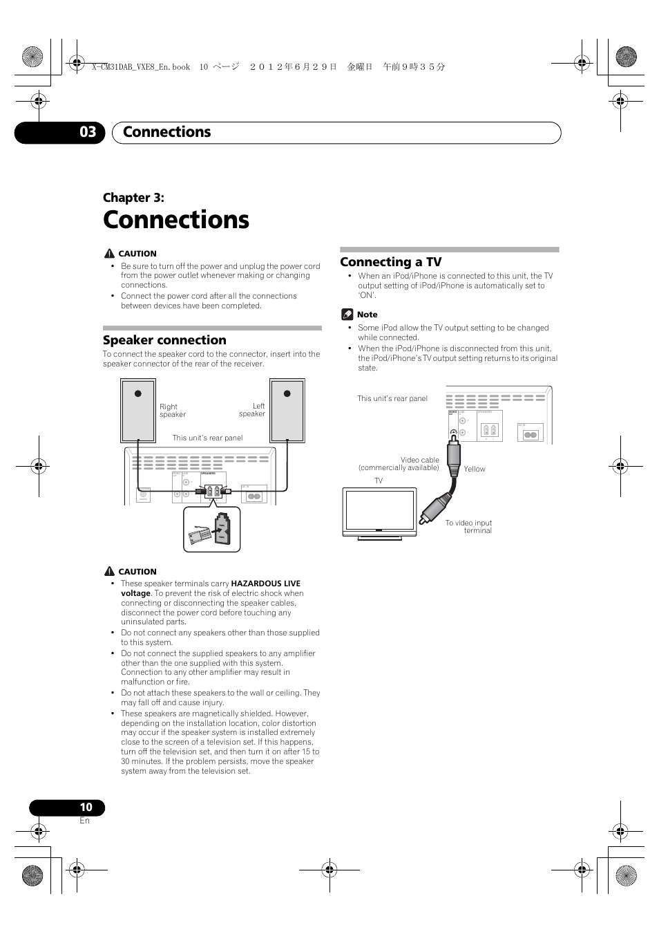 Connections, Speaker connection, Connecting a tv | 03 connections, Connections 03, Chapter 3 | Pioneer X-CM31DAB-K User Manual | Page 10 / 36