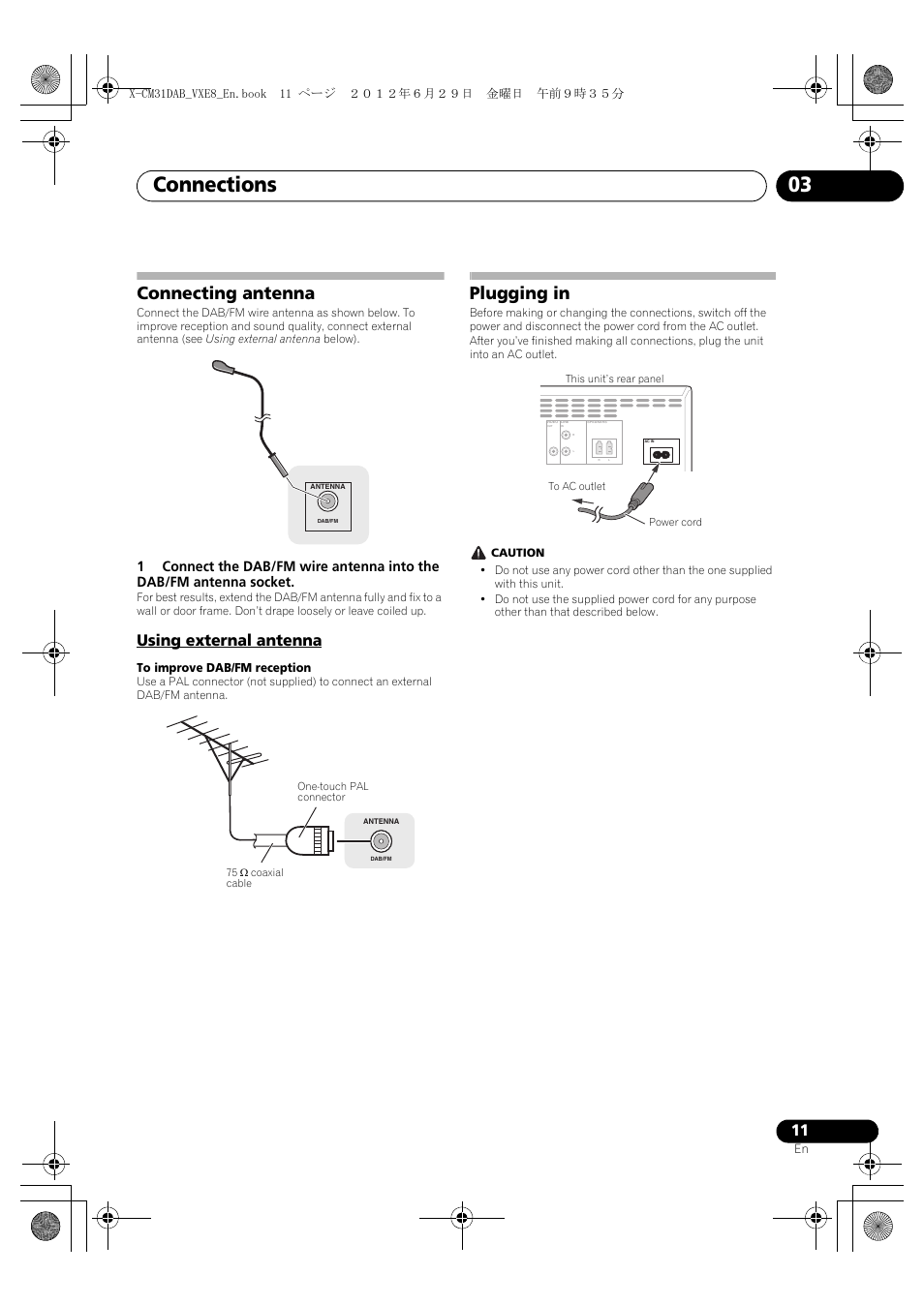 Connecting antenna, Using external antenna, Plugging in | Connections 03, English français español | Pioneer X-CM31DAB-K User Manual | Page 11 / 36