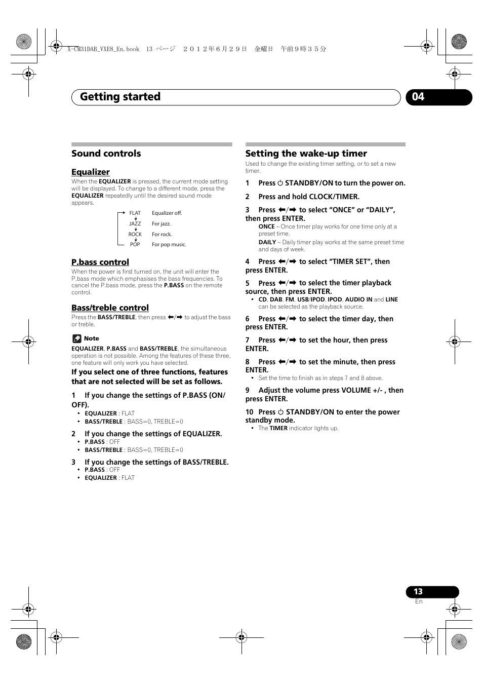 Sound controls, Equalizer, P.bass control | Bass/treble control, Setting the wake-up timer, Getting started 04, English français español | Pioneer X-CM31DAB-K User Manual | Page 13 / 36