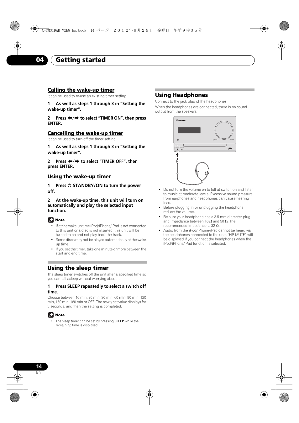 Calling the wake-up timer, Cancelling the wake-up timer, Using the wake-up timer | Using the sleep timer, Using headphones, Getting started 04 | Pioneer X-CM31DAB-K User Manual | Page 14 / 36