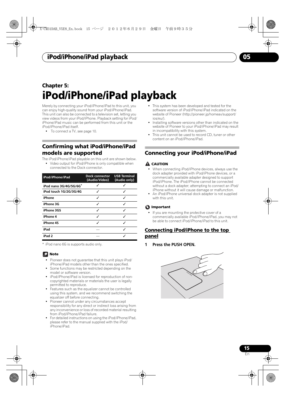 Ipod/iphone/ipad playback, Connecting your ipod/iphone/ipad, Connecting ipod/iphone to the top panel | 05 ipod/iphone/ipad playback, Confirming what ipod/iphone/ipad models are, Supported, Ipod/iphone/ipad playback 05, English français español, Chapter 5 | Pioneer X-CM31DAB-K User Manual | Page 15 / 36