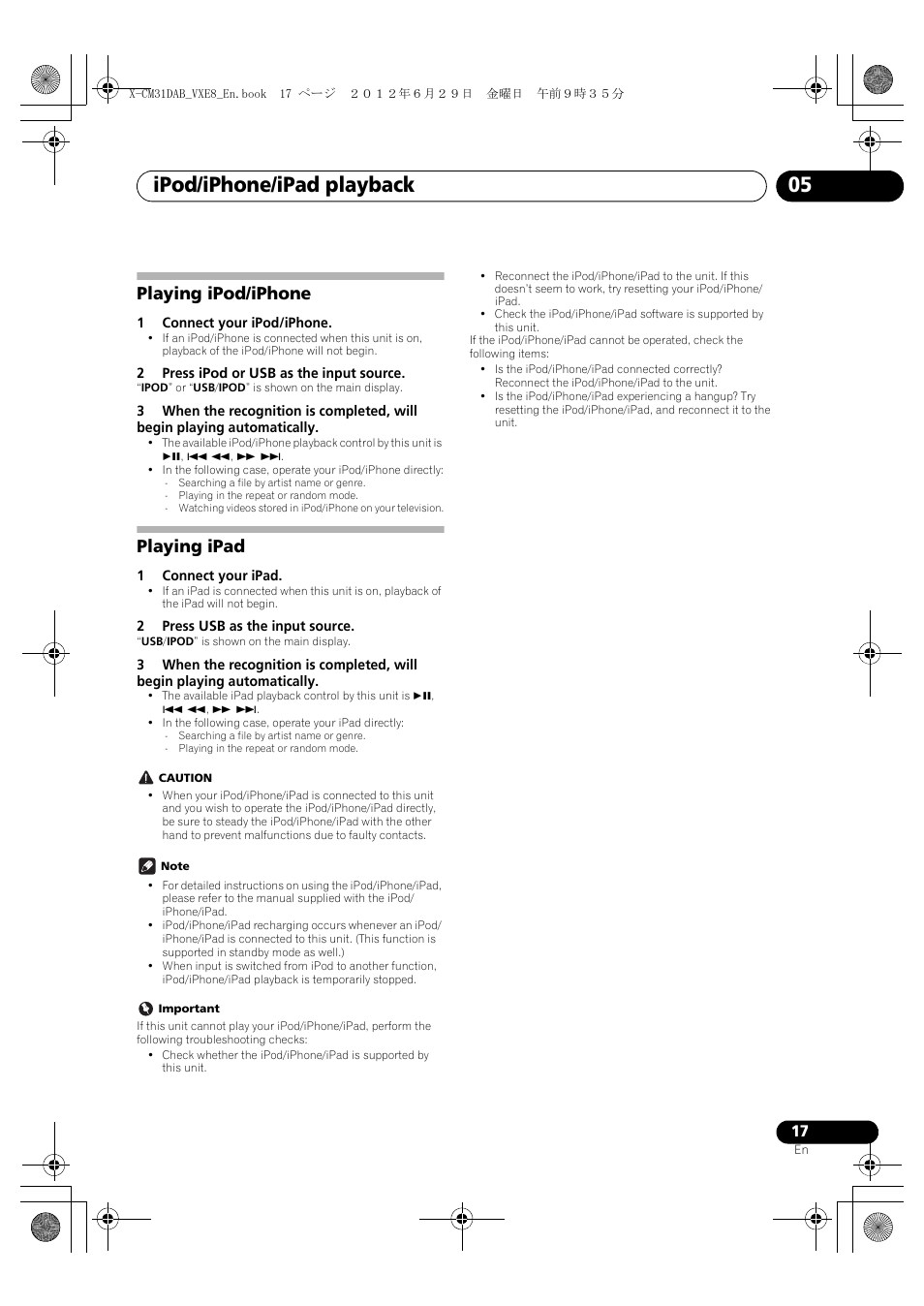 Playing ipod/iphone, Playing ipad, Ipod/iphone/ipad playback 05 | English français español | Pioneer X-CM31DAB-K User Manual | Page 17 / 36