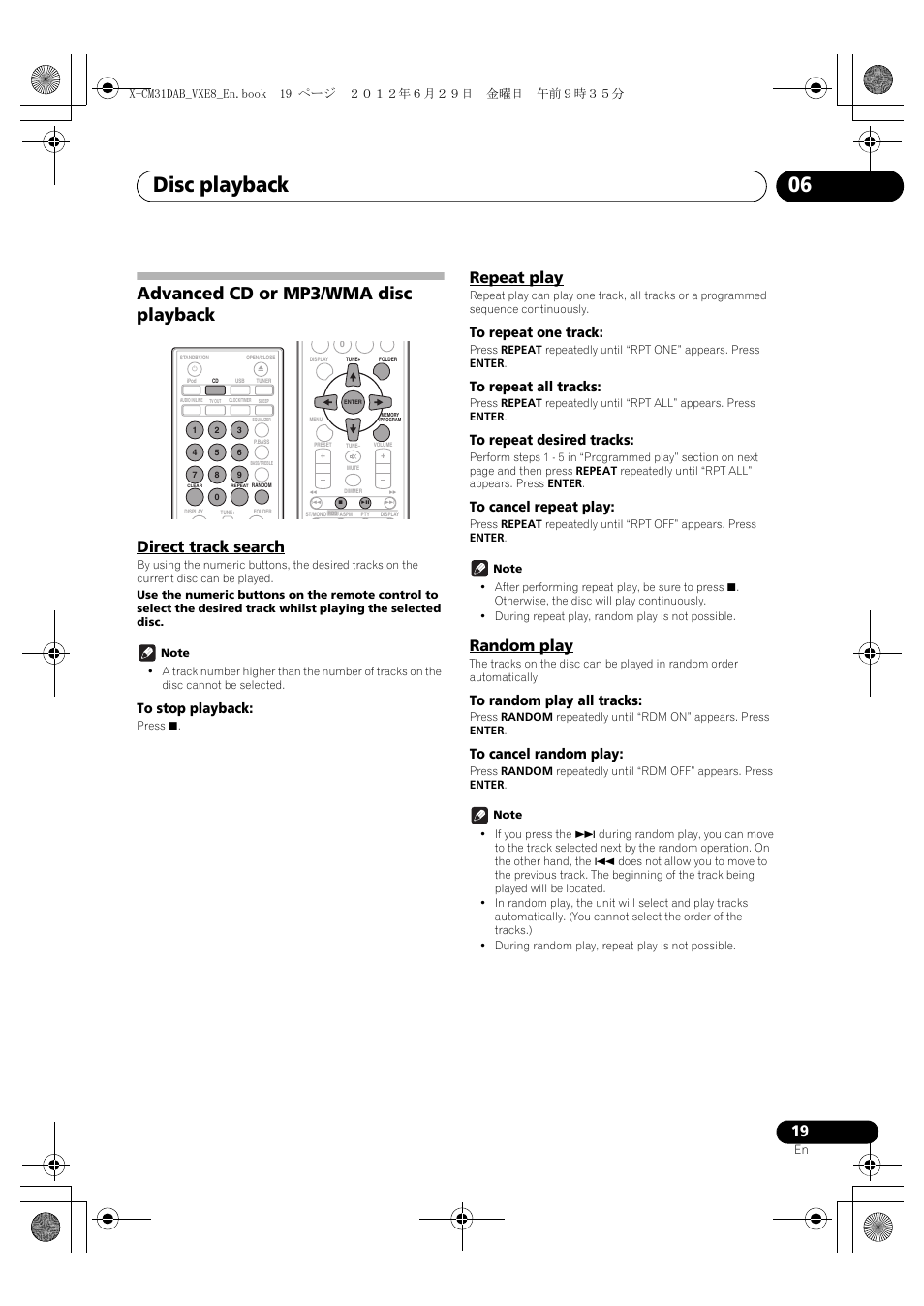 Advanced cd or mp3/wma disc playback, Direct track search, Repeat play | Random play, Disc playback 06, English français español | Pioneer X-CM31DAB-K User Manual | Page 19 / 36