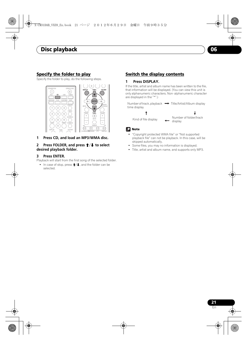 Specify the folder to play, Switch the display contents, Disc playback 06 | English français español, 1press display | Pioneer X-CM31DAB-K User Manual | Page 21 / 36