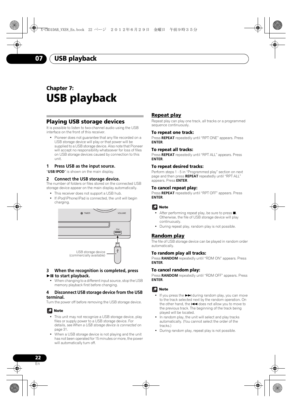 Usb playback, Playing usb storage devices, Repeat play | Random play, 07 usb playback, Usb playback 07, Chapter 7 | Pioneer X-CM31DAB-K User Manual | Page 22 / 36