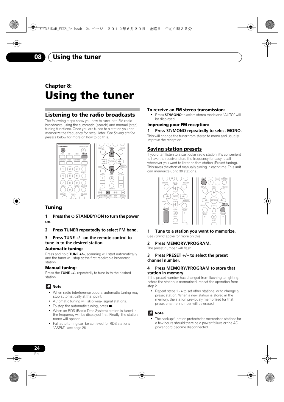 Using the tuner, Listening to the radio broadcasts, Tuning | Saving station presets, 08 using the tuner, Using the tuner 08, Chapter 8, Manual tuning | Pioneer X-CM31DAB-K User Manual | Page 24 / 36