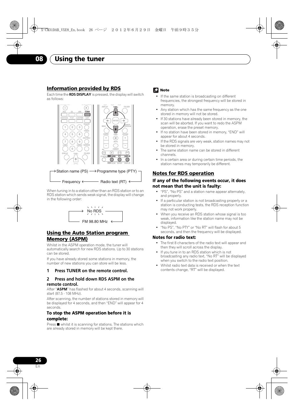 Information provided by rds, Using the auto station program memory (aspm), Notes for rds operation | Using the tuner 08 | Pioneer X-CM31DAB-K User Manual | Page 26 / 36