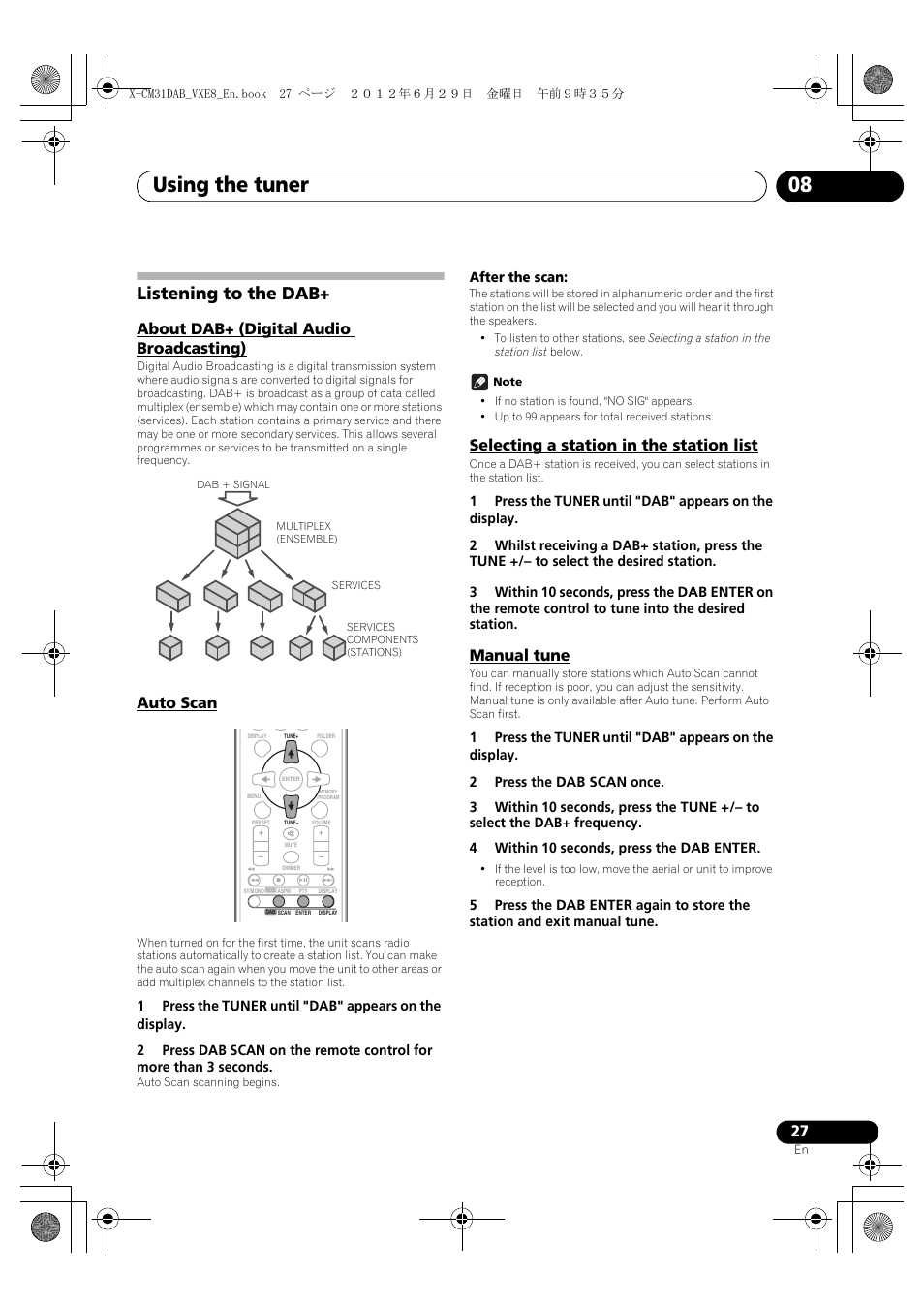 Listening to the dab, About dab+ (digital audio broadcasting), Auto scan | Selecting a station in the station list, Manual tune, Using the tuner 08, English français español | Pioneer X-CM31DAB-K User Manual | Page 27 / 36