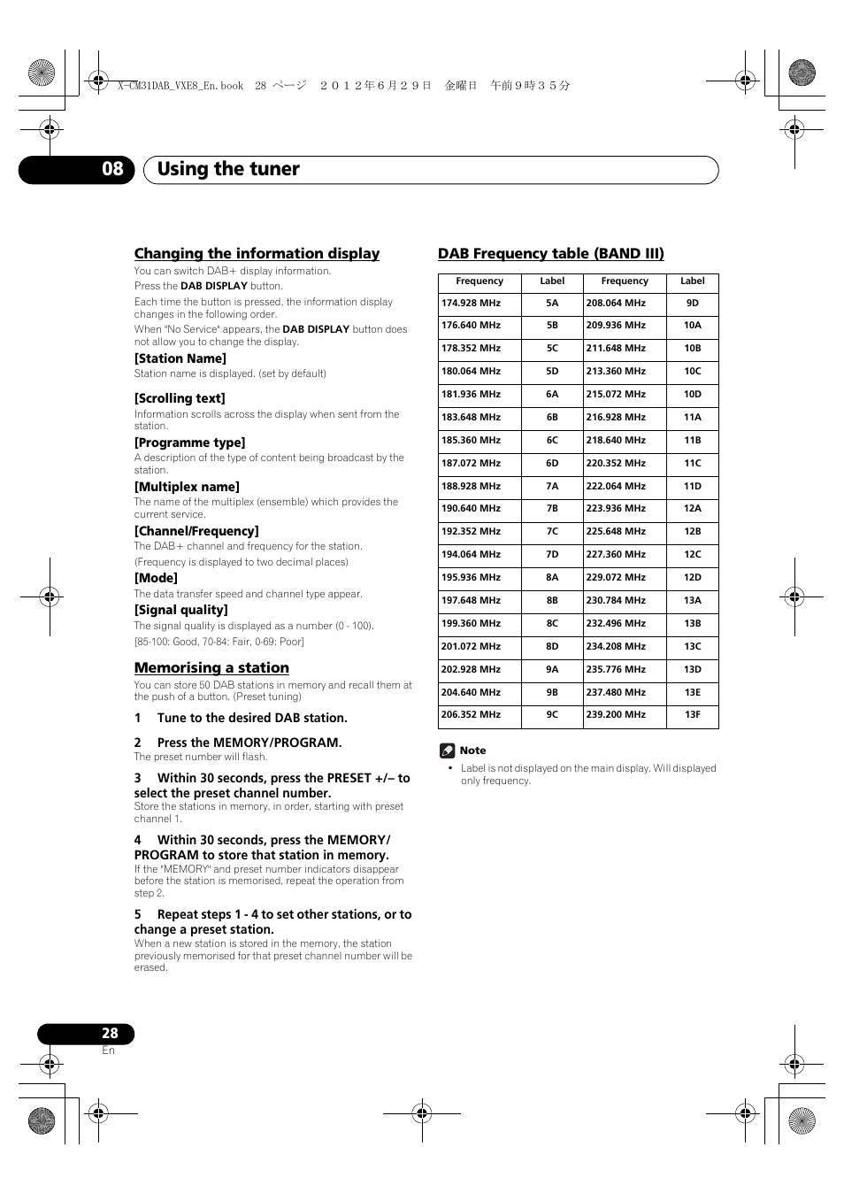 Changing the information display, Memorising a station, Dab frequency table (band iii) | Using the tuner 08 | Pioneer X-CM31DAB-K User Manual | Page 28 / 36