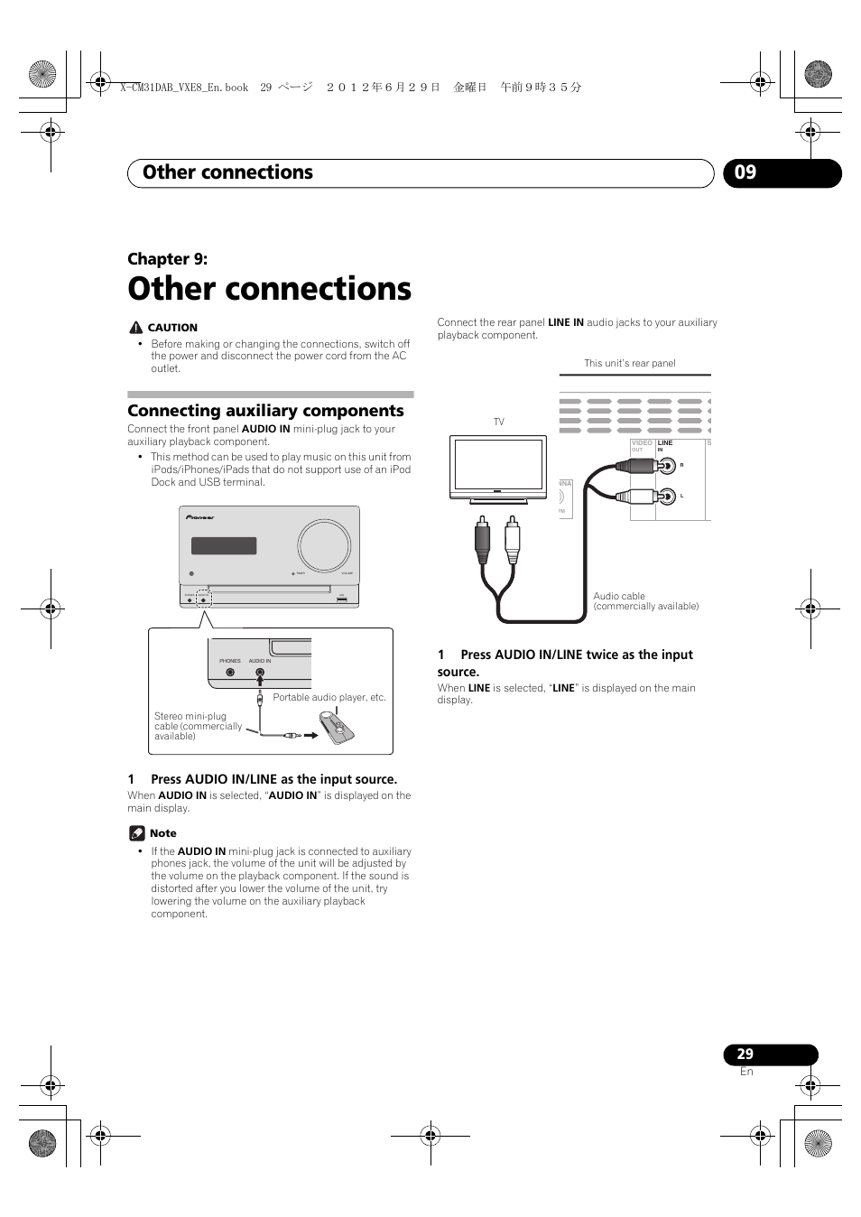 Other connections, Connecting auxiliary components, 09 other connections | Other connections 09, English français español, Chapter 9 | Pioneer X-CM31DAB-K User Manual | Page 29 / 36