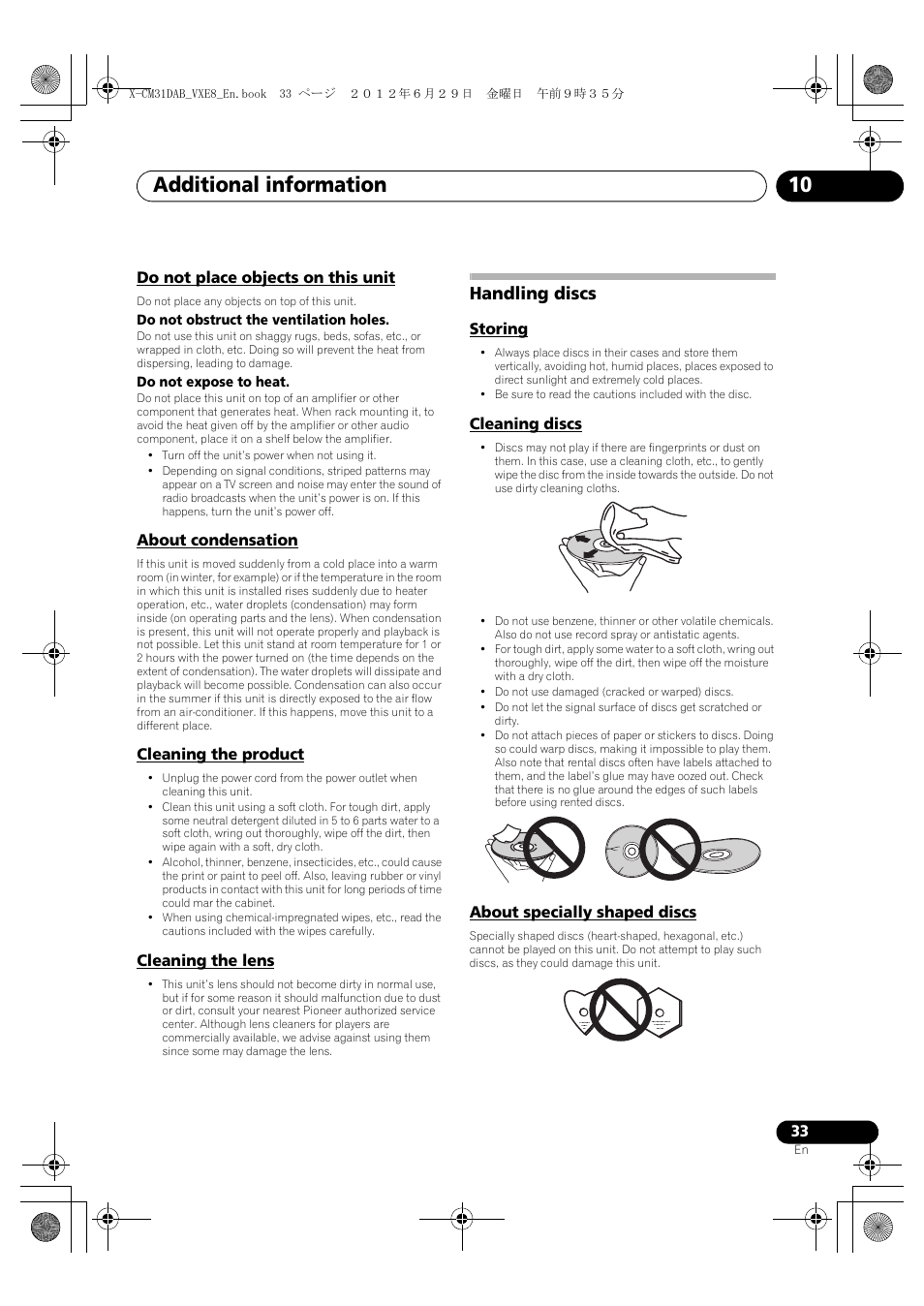 Do not place objects on this unit, About condensation, Cleaning the product | Cleaning the lens, Handling discs, Storing, Cleaning discs, About specially shaped discs, Additional information 10, English français español | Pioneer X-CM31DAB-K User Manual | Page 33 / 36