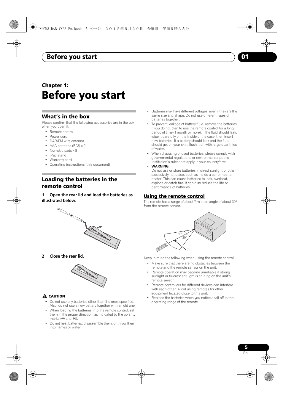 Before you start, What’s in the box, Loading the batteries in the remote control | Using the remote control, 01 before you start, Before you start 01, English français español, Chapter 1 | Pioneer X-CM31DAB-K User Manual | Page 5 / 36