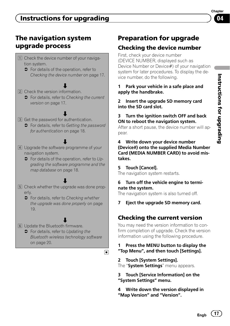 Preparation for upgrade, Checking the device number 17, Checking the current version 17 | The navigation system upgrade process, Instructions for upgrading, Checking the device number, Checking the current version | Pioneer CNSD-450FM User Manual | Page 17 / 32