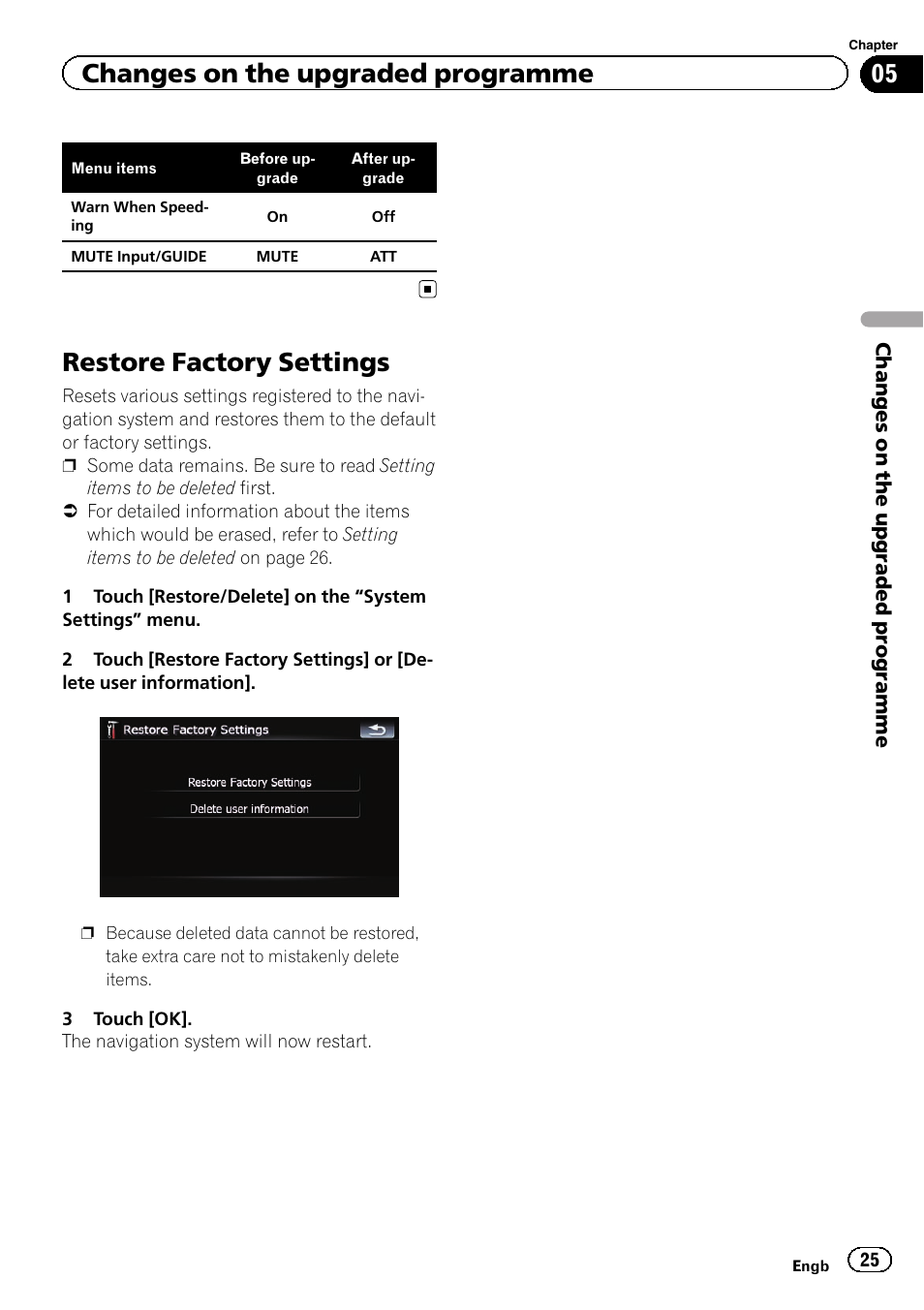 Restore factory settings, Changes on the upgraded programme | Pioneer CNSD-450FM User Manual | Page 25 / 32
