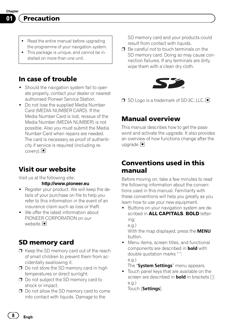 Precaution in case of trouble, Visit our website, Sd memory card | Manual overview, Conventions used in this manual, 01 precaution | Pioneer CNSD-450FM User Manual | Page 8 / 32
