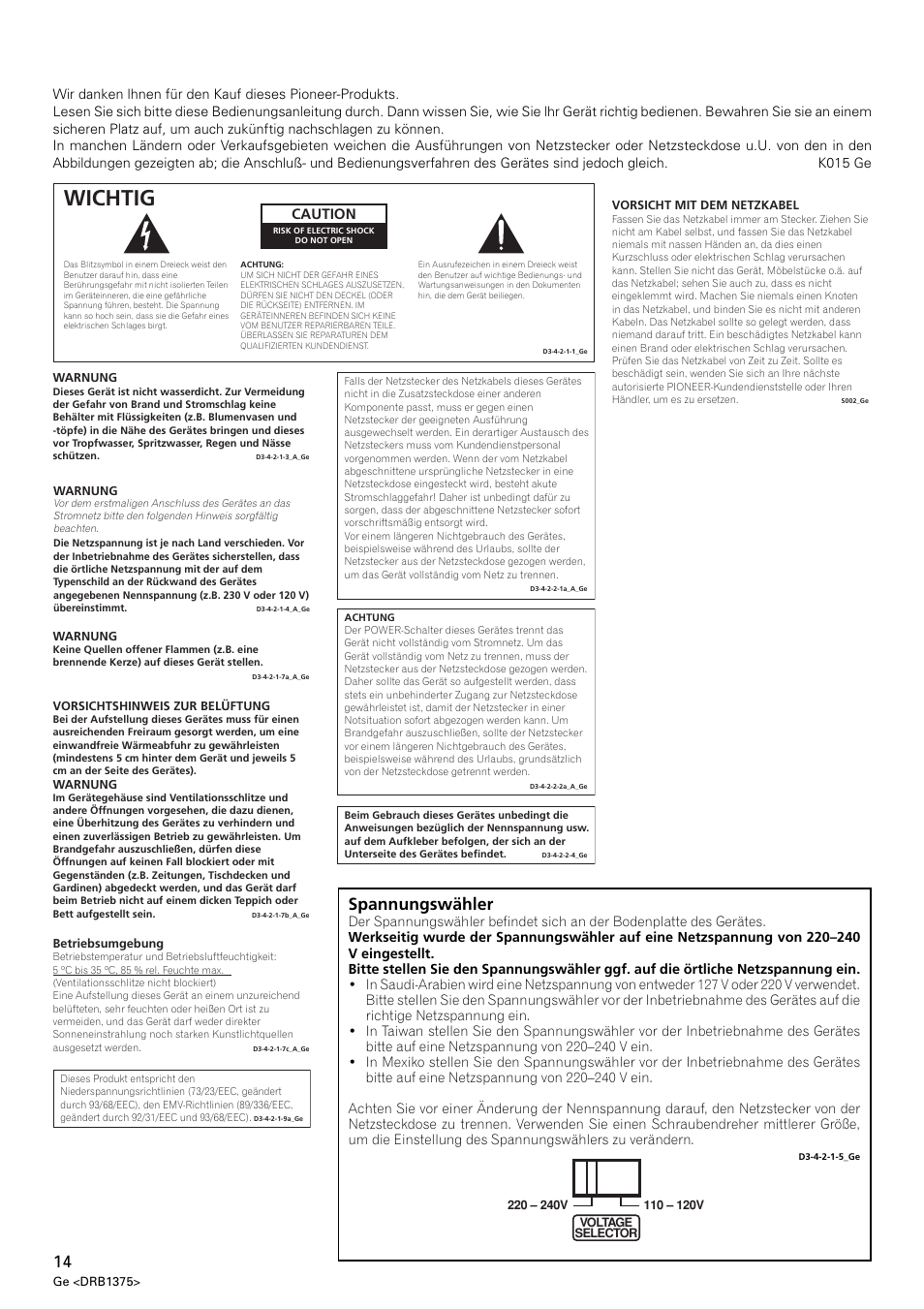 Wichtig, Spannungswähler, Caution | Pioneer VSW-1 User Manual | Page 14 / 44