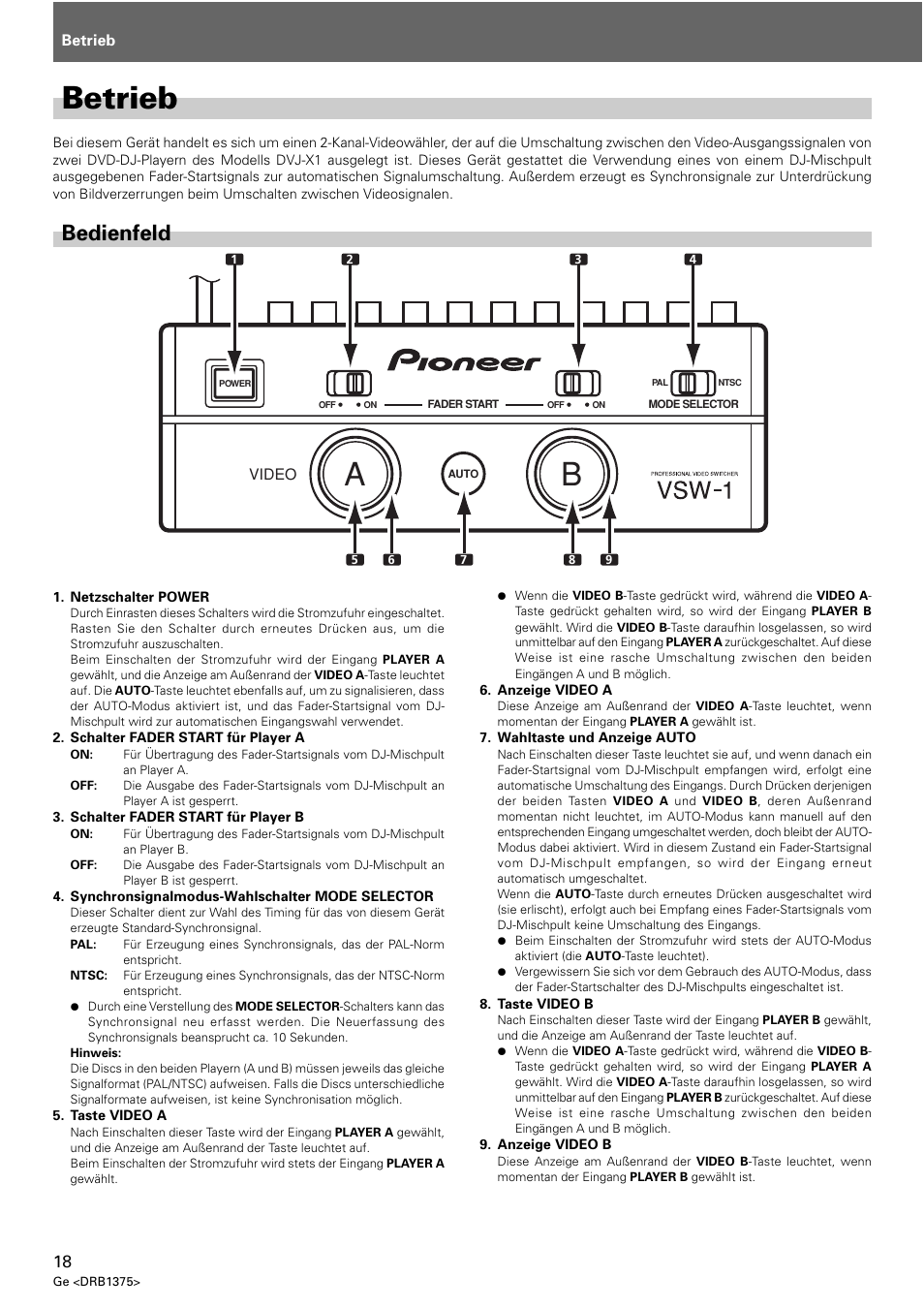 Betrieb, Bedienfeld | Pioneer VSW-1 User Manual | Page 18 / 44