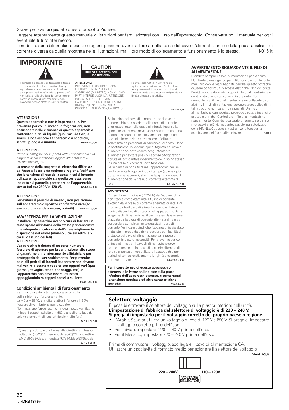Importante, Selettore voltaggio, Caution | Pioneer VSW-1 User Manual | Page 20 / 44