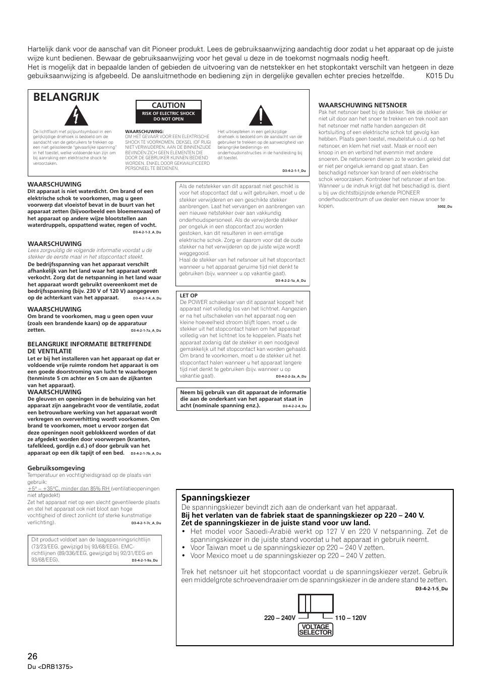 Belangrijk, Spanningskiezer, Caution | Pioneer VSW-1 User Manual | Page 26 / 44