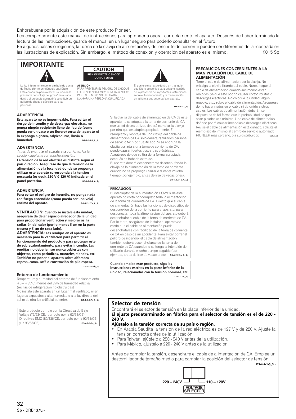 Importante, Selector de tensión, Caution | Pioneer VSW-1 User Manual | Page 32 / 44