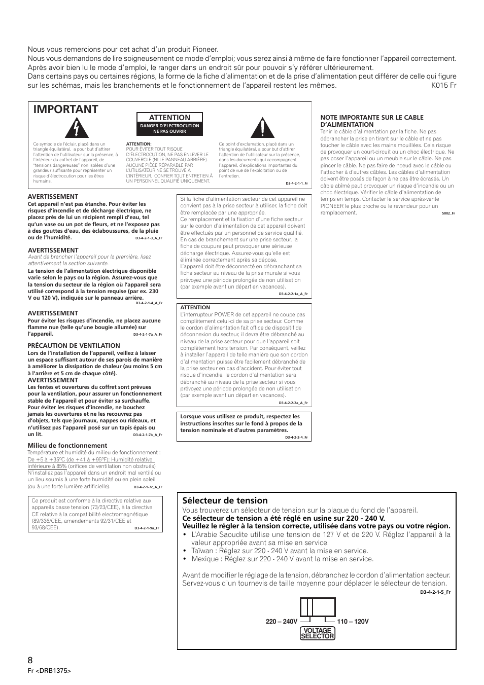Important, Sélecteur de tension, Attention | Pioneer VSW-1 User Manual | Page 8 / 44