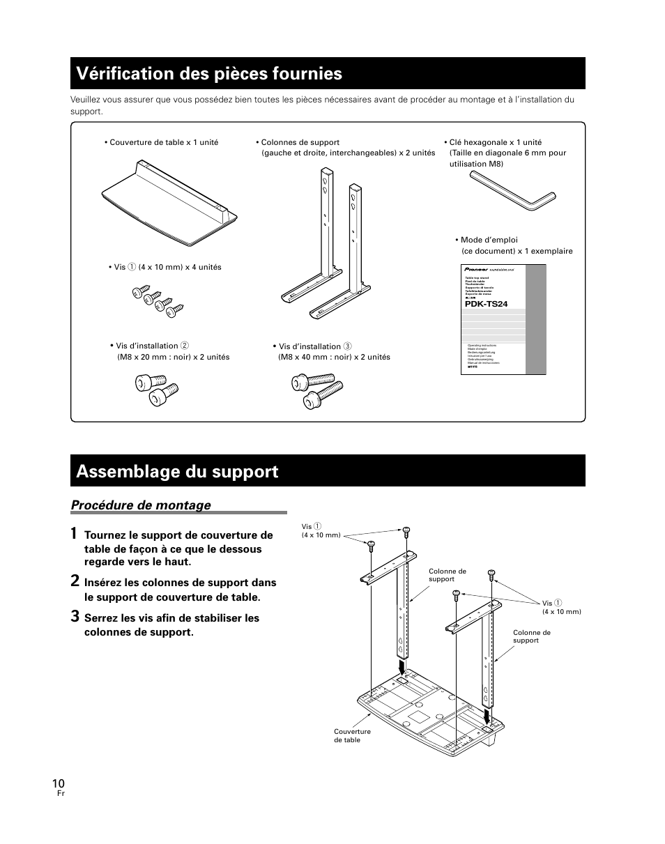 Vérification des pièces fournies, Assemblage du support, Procédure de montage | Pioneer PDK-TS24 User Manual | Page 10 / 51