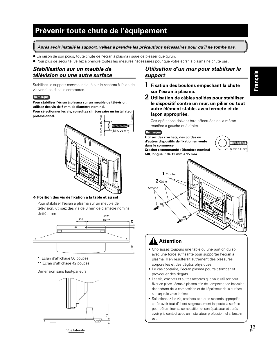 Prévenir toute chute de l’équipement, Fran çais, Utilisation d’un mur pour stabiliser le support | Attention | Pioneer PDK-TS24 User Manual | Page 13 / 51