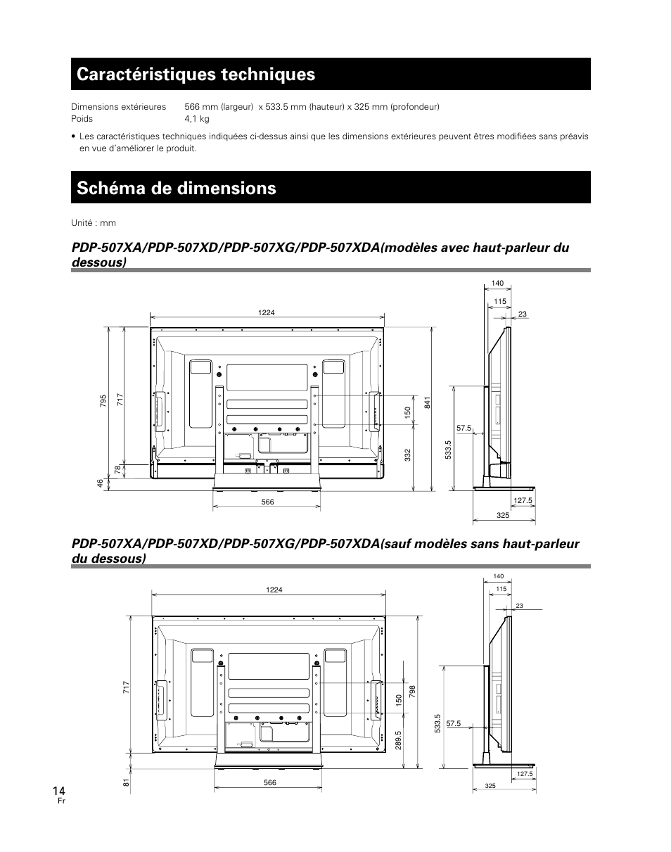 Caractéristiques techniques, Schéma de dimensions | Pioneer PDK-TS24 User Manual | Page 14 / 51