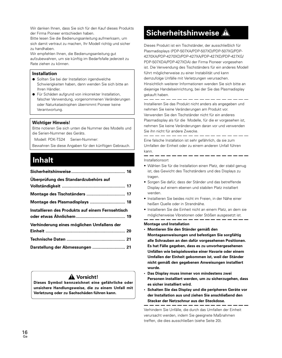 Bedienungsanleitung, Inhalt, Sicherheitshinweise | Vorsicht | Pioneer PDK-TS24 User Manual | Page 16 / 51