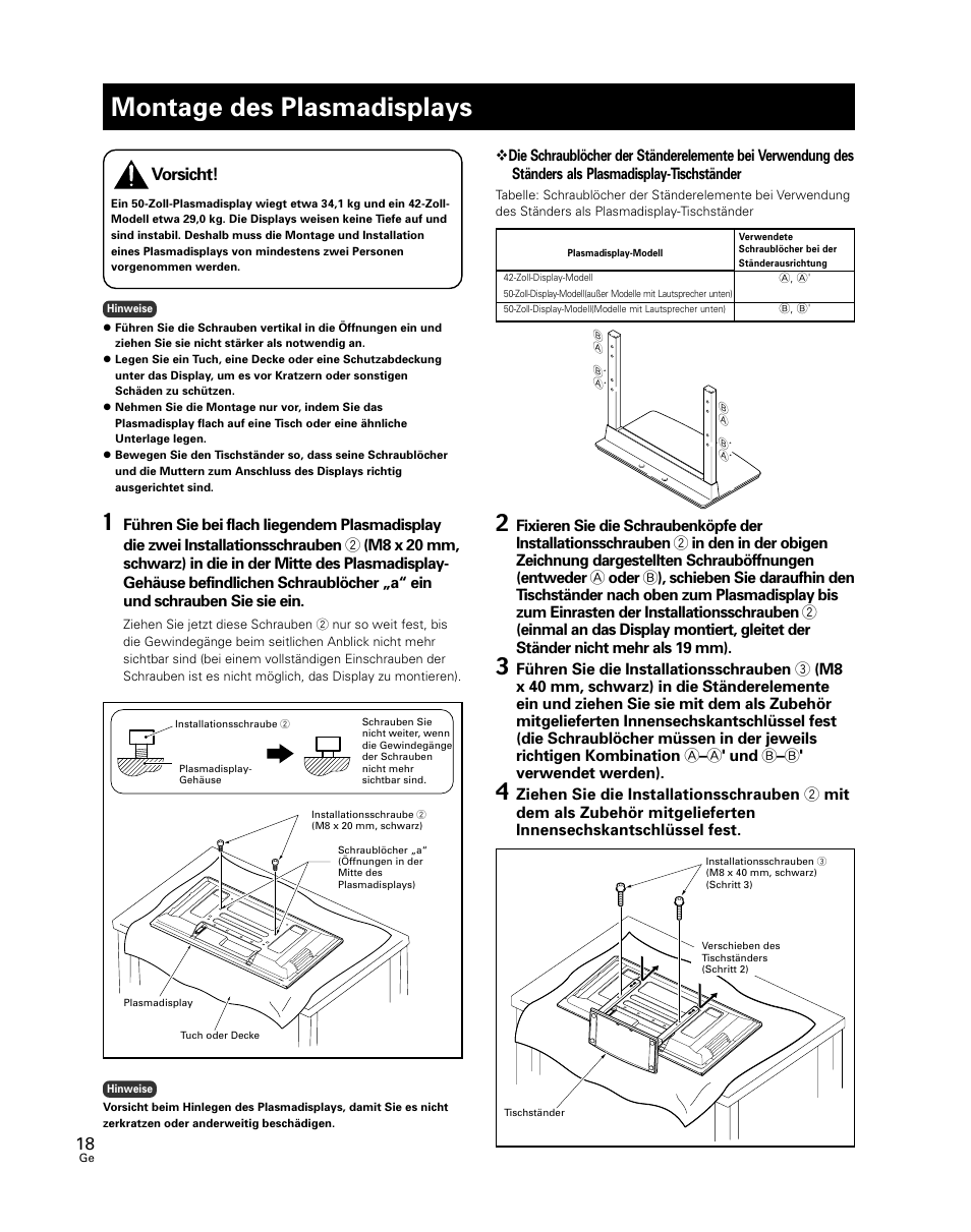 Montage des plasmadisplays, Vorsicht | Pioneer PDK-TS24 User Manual | Page 18 / 51