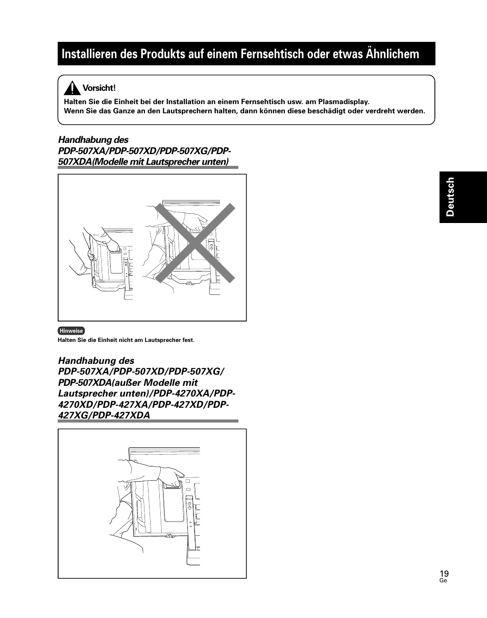 Installieren des produkts auf einem fernsehtisch, Oder etwas ähnlichem | Pioneer PDK-TS24 User Manual | Page 19 / 51