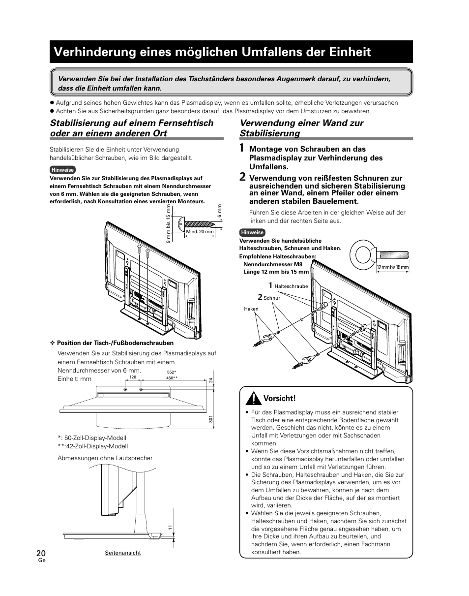 Verhinderung eines möglichen umfallens der, Einheit, Verhinderung eines möglichen umfallens der einheit | Verwendung einer wand zur stabilisierung, Vorsicht | Pioneer PDK-TS24 User Manual | Page 20 / 51