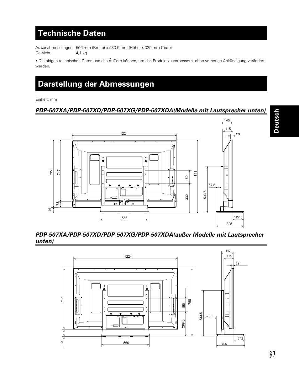 Technische daten, Darstellung der abmessungen, Deutsch | Pioneer PDK-TS24 User Manual | Page 21 / 51