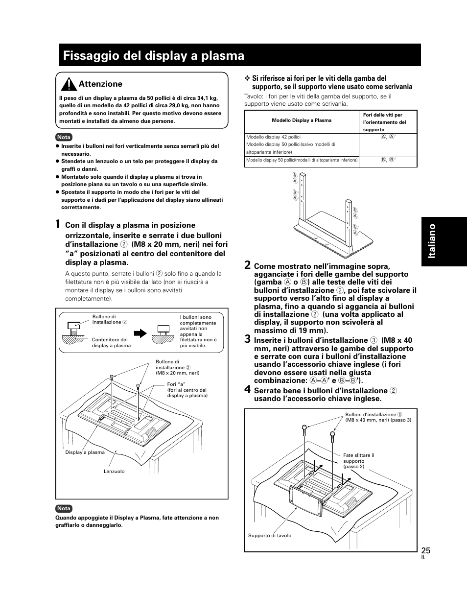 Fissaggio del display a plasma, Italiano, Attenzione | Pioneer PDK-TS24 User Manual | Page 25 / 51