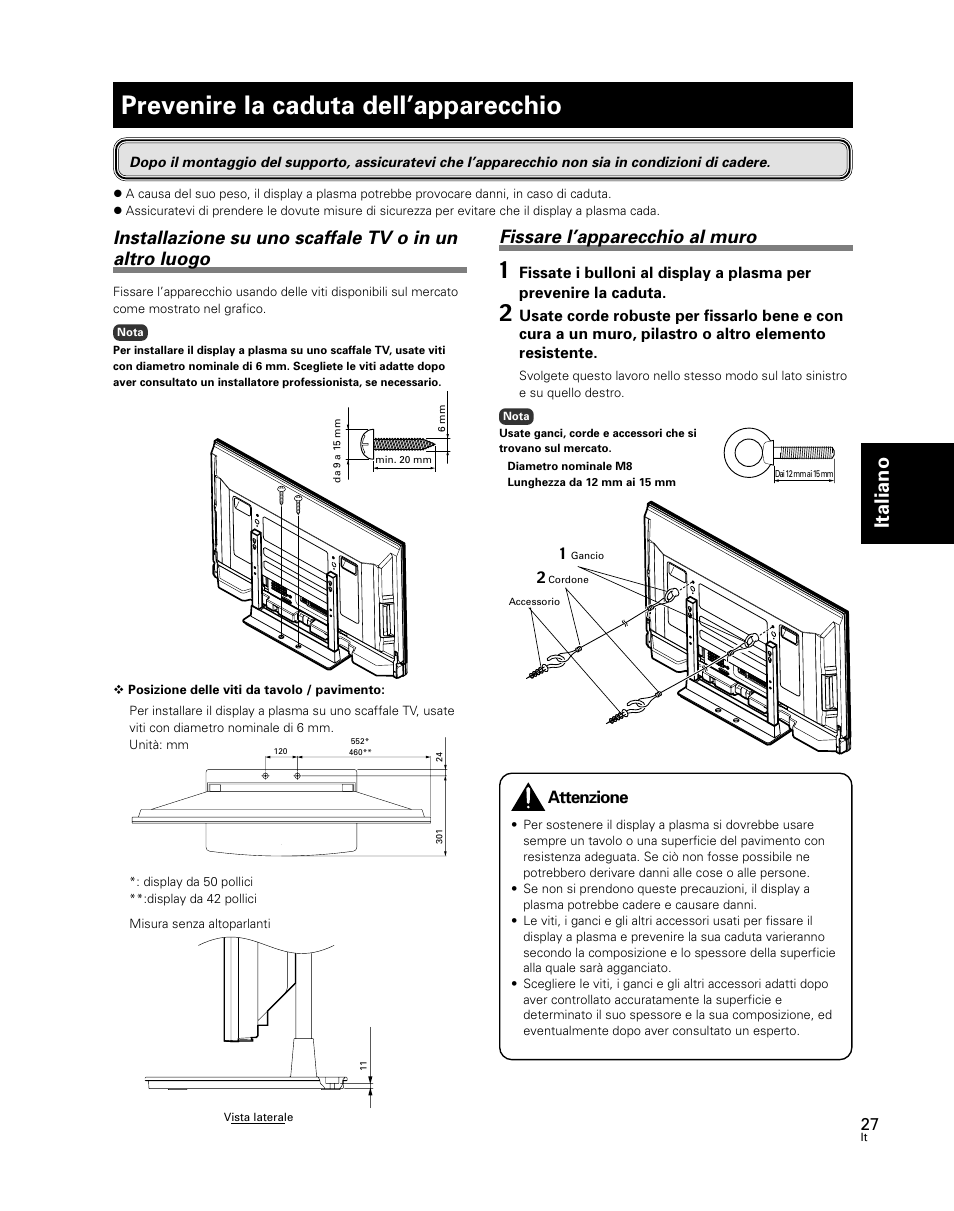 Prevenire la caduta dell’apparecchio, Italiano, Fissare l’apparecchio al muro | Attenzione | Pioneer PDK-TS24 User Manual | Page 27 / 51