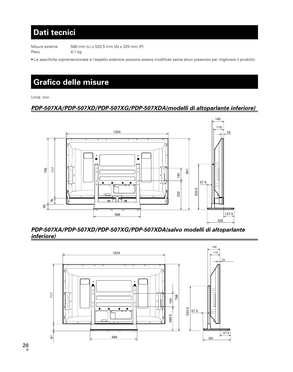 Dati tecnici, Grafico delle misure | Pioneer PDK-TS24 User Manual | Page 28 / 51