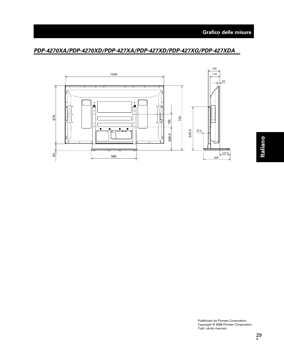 Italiano, Grafico delle misure | Pioneer PDK-TS24 User Manual | Page 29 / 51